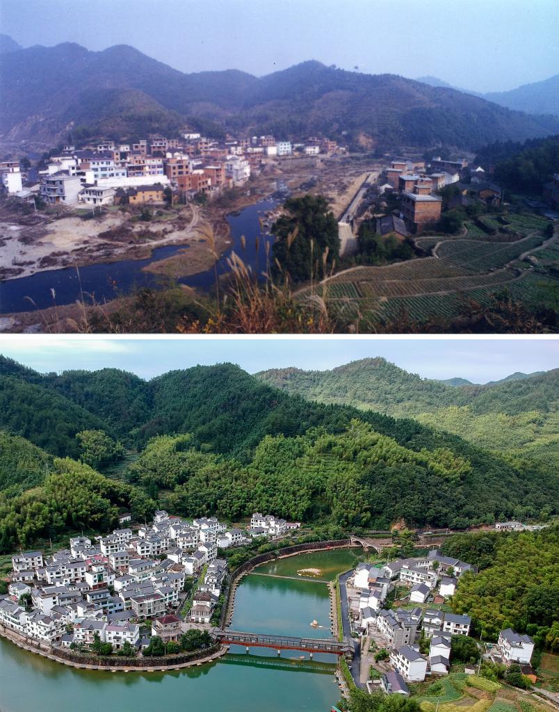 圖為浙江省杭州市淳安縣楓樹嶺鎮(zhèn)下姜村拼版圖，其中上圖為資料照片、下圖由新華社記者張鋮攝。